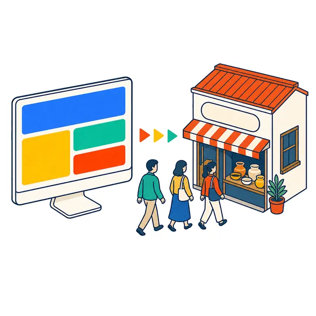 公開されたサイトを見てお店へお客さんが向かうイラスト